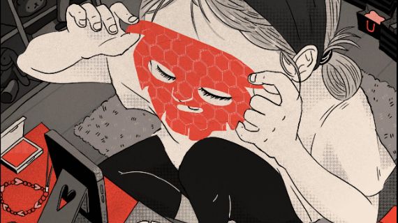 BBC InDepth cover artwork, depicting a girl putting on a red skincare mask, in front of a phone propped up
